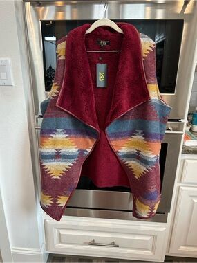 BNWT L&B Maroon Aztec-Pattern Open Draped Vest size 2X boho